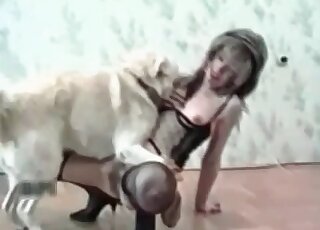 Skinny MILF cannot wait to get fucked by a dog at home