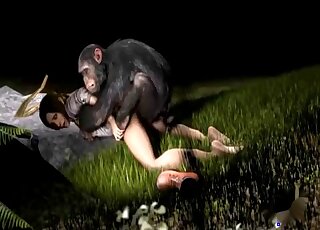 Brunette dressed in grey deepthroating an ape's raging hard-on