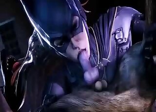 Batwoman happily sucking on a dog's dick in a taboo porn video