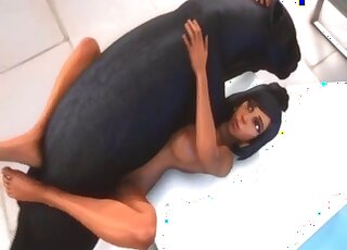 Tanned and stunning brunette wraps her legs around this sexy dog