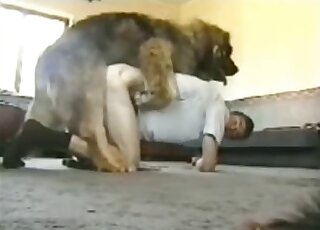 Amateur gay guy kneels for sex with giant dog before giving a blowjob