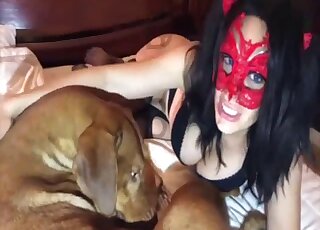 Chick in stockings tries to seduce a mixed-breed dog into zoo sex