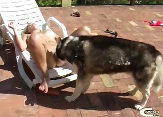 Smoking hot blonde enjoys zoo sex with Husky by the pool