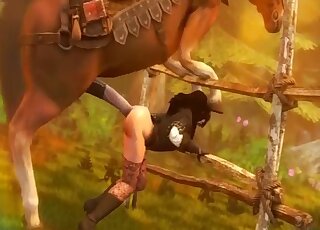 Attractive 3D babe with dark hair banged from behind by a horse