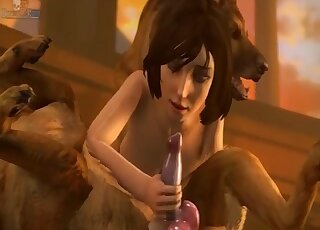 Harsh dog sex in sloppy animation with a tight slut and two muts