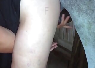 Nude skinny woman shoves entire horse penis into her cunt