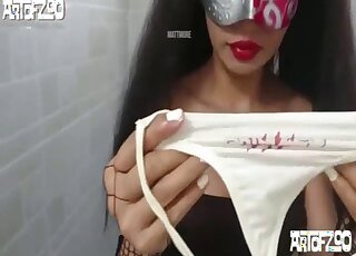 Slutty brunette in stripper heels lets this black dog eat her out