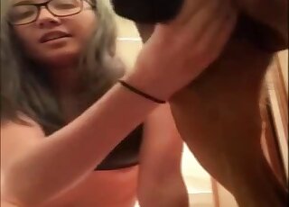 Skinny babe in attractive lingerie jerks and deepthroats dog dick