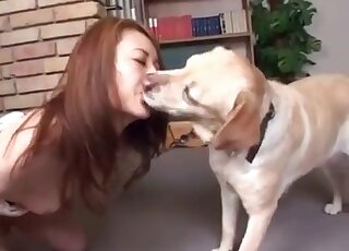 Japanese AV slut seduces her dog to start licking her naked body