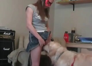 Lovely chick teaches her dog to lick and fuck her sweet snatch