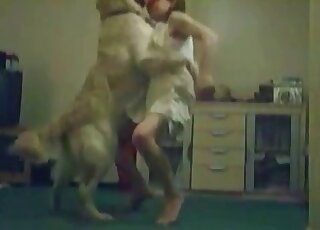 Skinny sweetie lets her labrador dog explore her soaking pussy