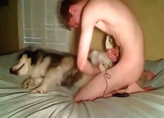Skinny dude experiences sex with his dog on the bed and enjoys it