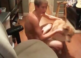 Animal sex lover gives his cock to his dog to lick and to enjoy