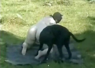 Black dog fucks a BBW zoophile momma in an outdoor sex tape video