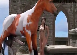 Lara Croft shows her yummy asshole while blowing horse outdoors